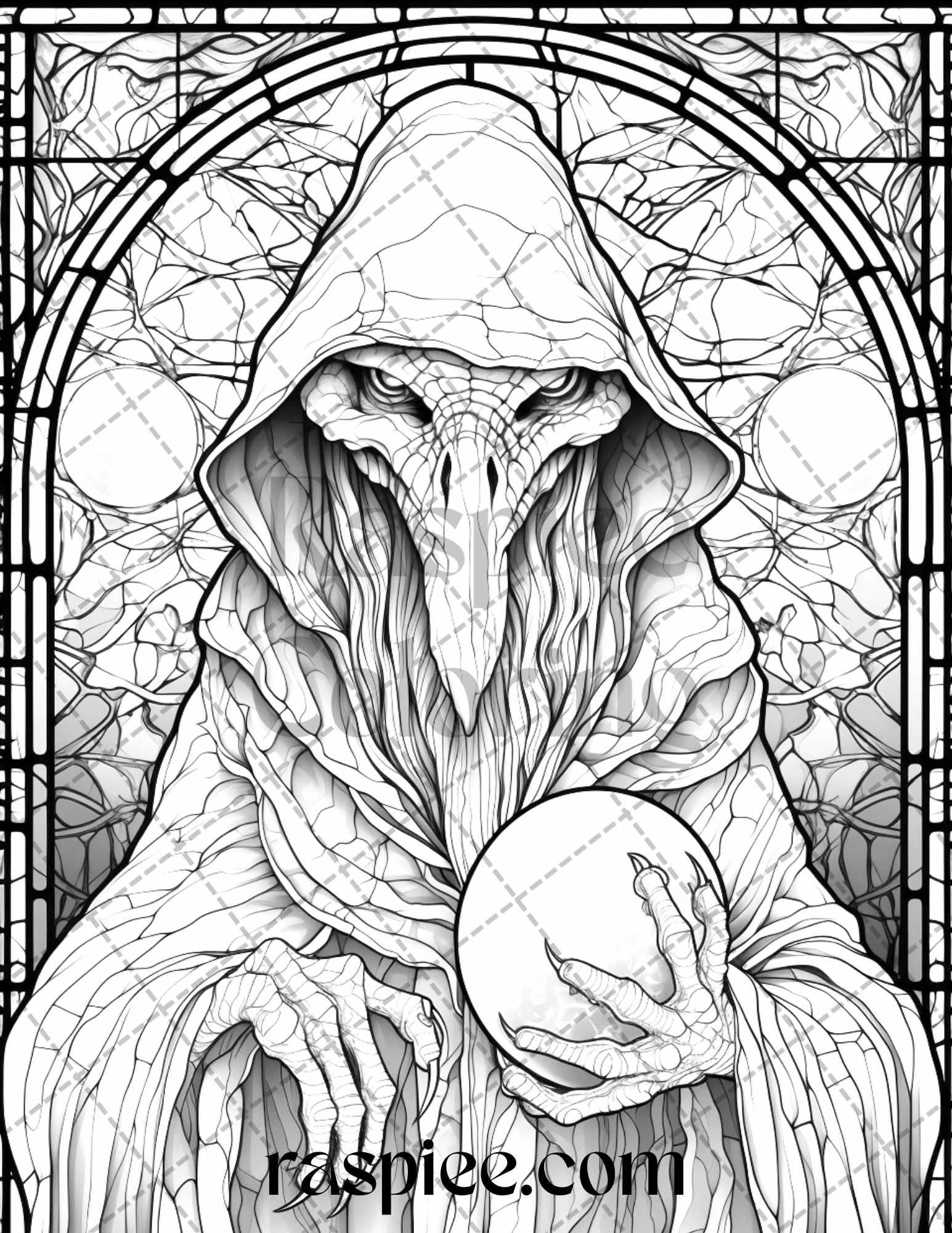 70 Halloween Stained Glass Grayscale Coloring Pages Printable for Adults, PDF File Instant Download