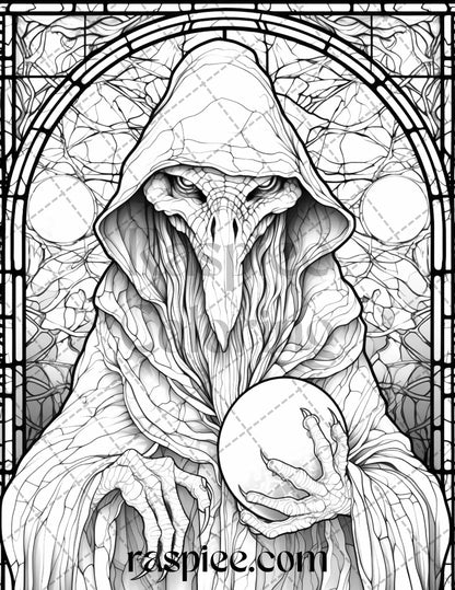 70 Halloween Stained Glass Grayscale Coloring Pages Printable for Adults, PDF File Instant Download