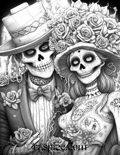 50 Day of the Dead Grayscale Coloring Pages Printable for Adults, PDF File Instant Download