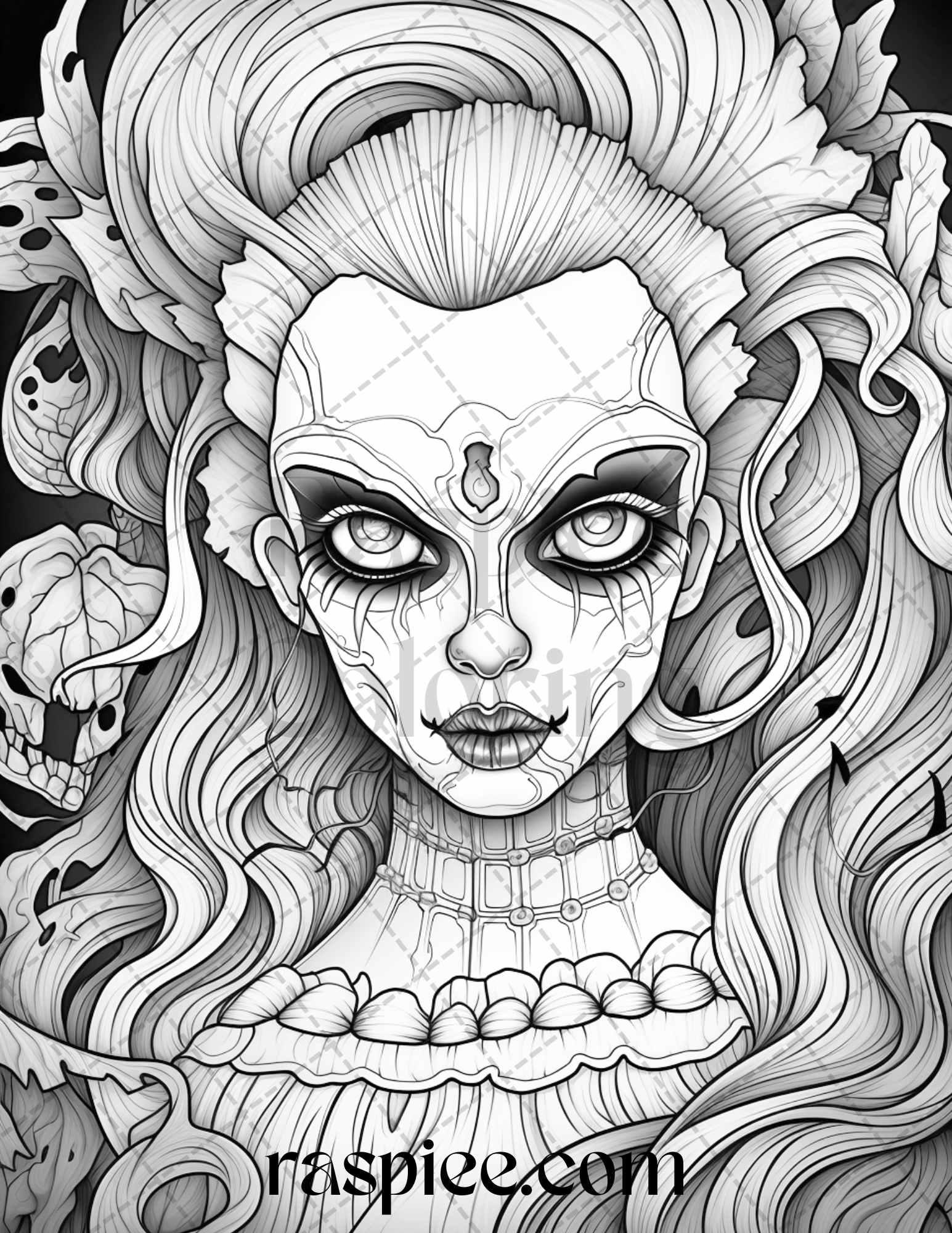 50 Spooky Miss Nightmare Grayscale Coloring Pages Printable for Adults, PDF File Instant Download