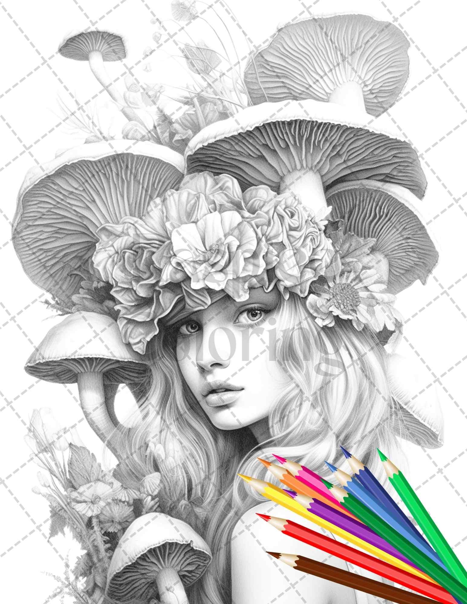 50 Mushroom Fairy Grayscale Coloring Pages Printable for Adults, PDF File Instant Download