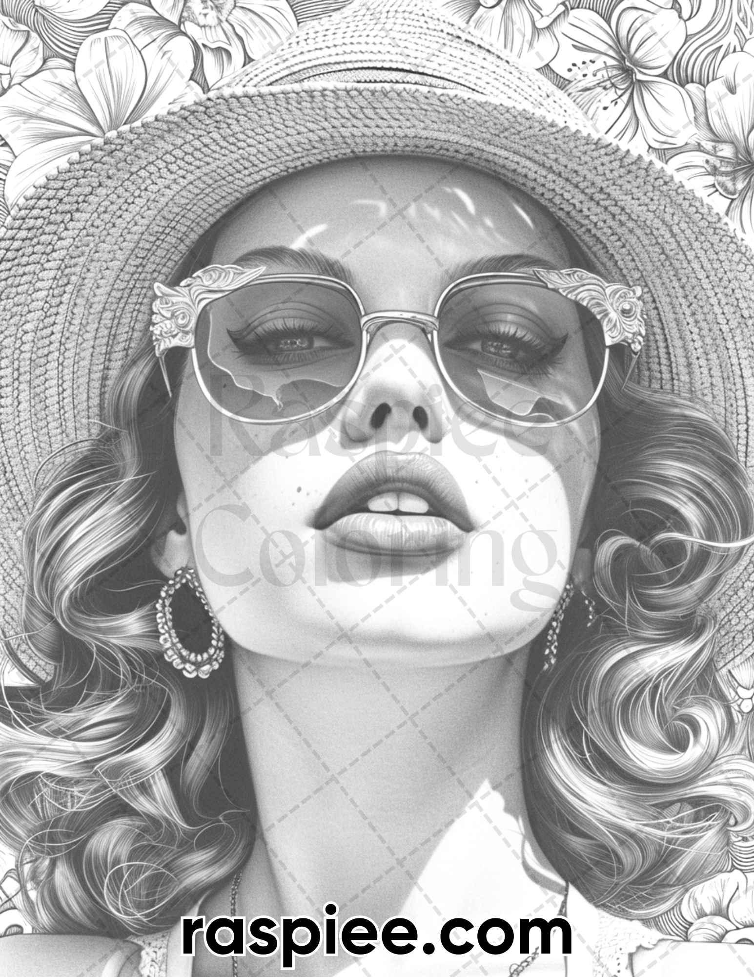 50 Vintage Spring Pin Up Girls Grayscale Adult Coloring Pages, Printable PDF Instant Download