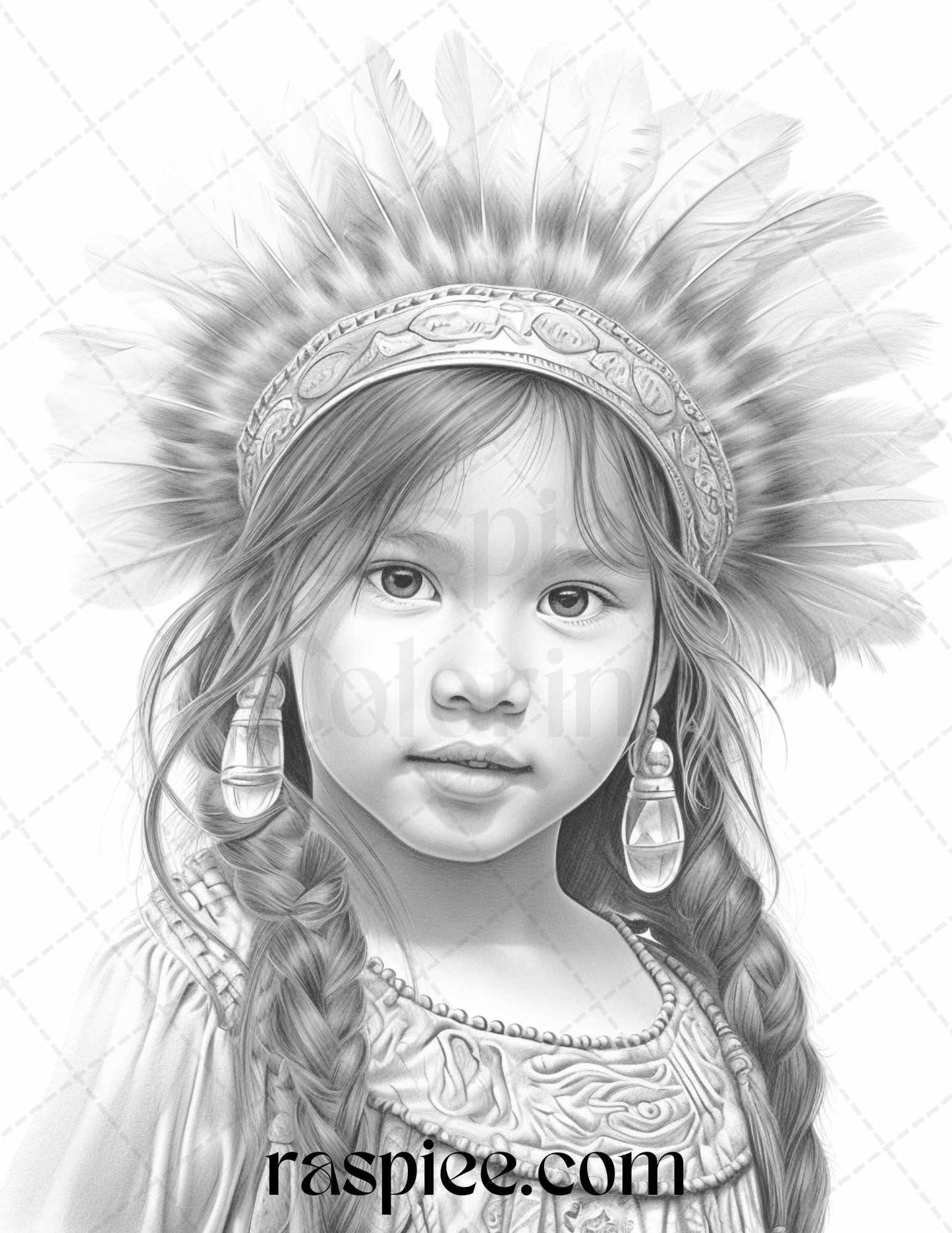 50 Native American Little Girls Boys Grayscale Coloring Pages Printable for Adults Kids, PDF File Instant Download