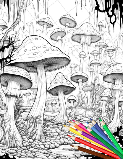 Psychedelic Mushroom Forest Coloring Book Printable for Adults, Trippy Grayscale Coloring Page, PDF File Instant Download