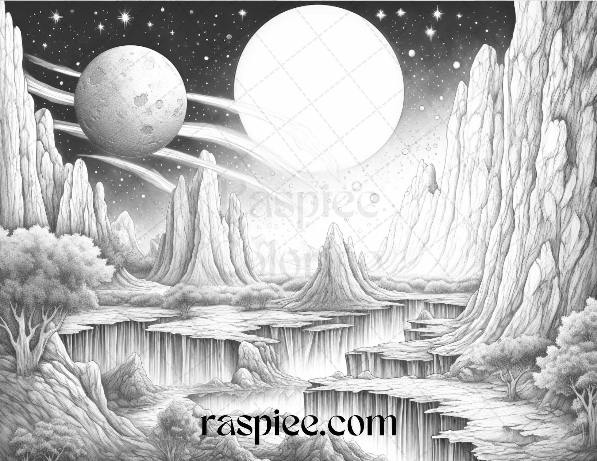 55 Celestial Landscapes Grayscale Coloring Pages Printable for Adults, PDF File Instant Download