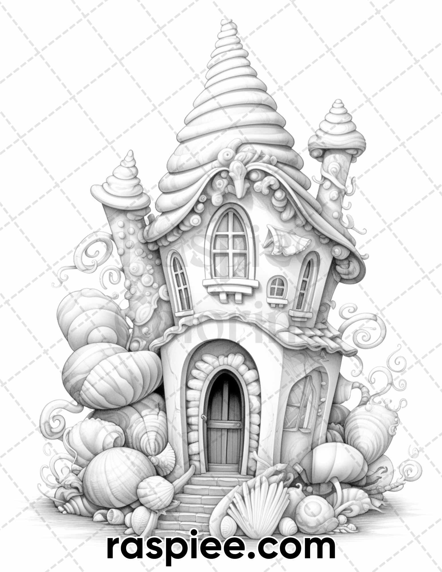 50 Seashell Houses Grayscale Adult Coloring Pages, Printable PDF Instant Download
