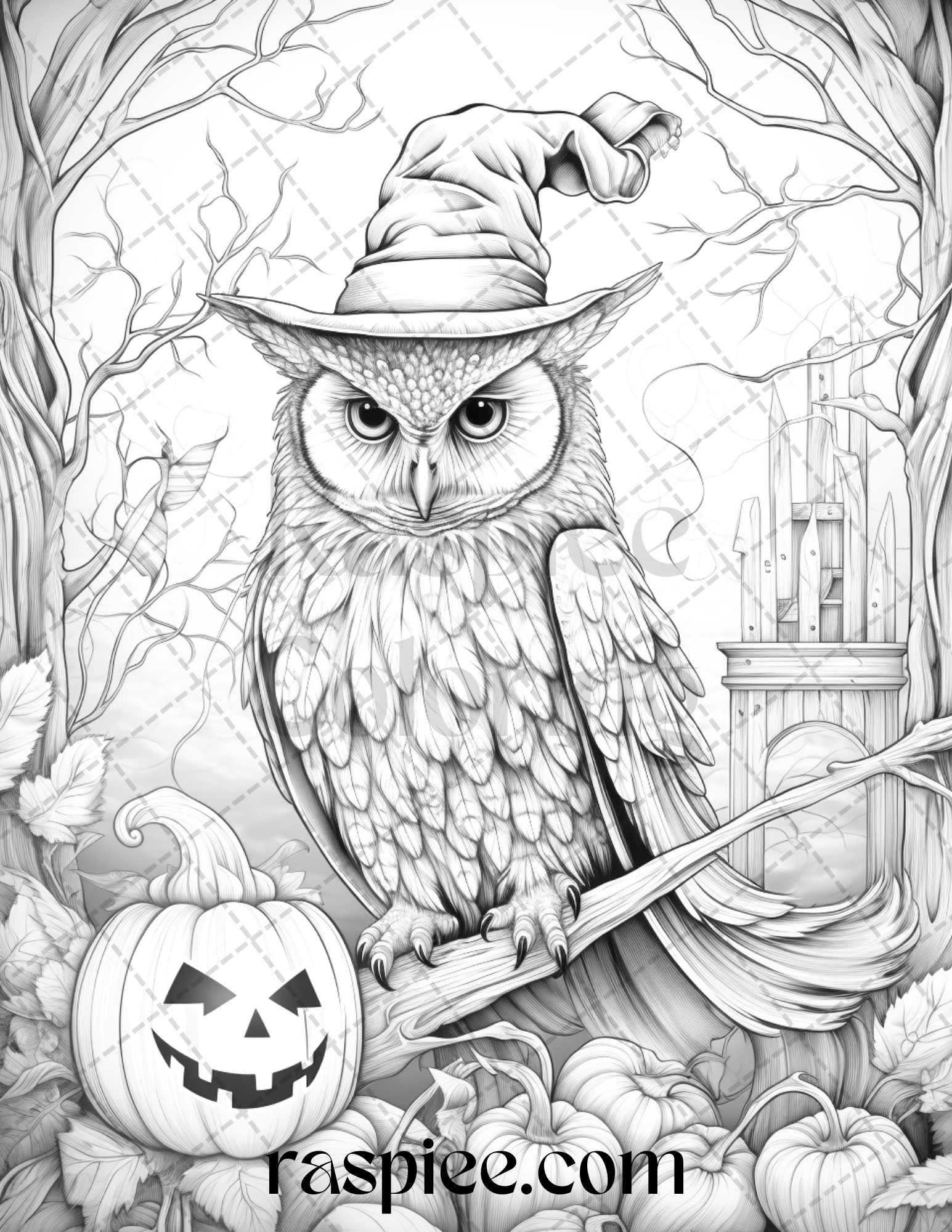 Halloween Witch Owl Grayscale Coloring Pages for Adults and Kids, Printable PDF Instant Download