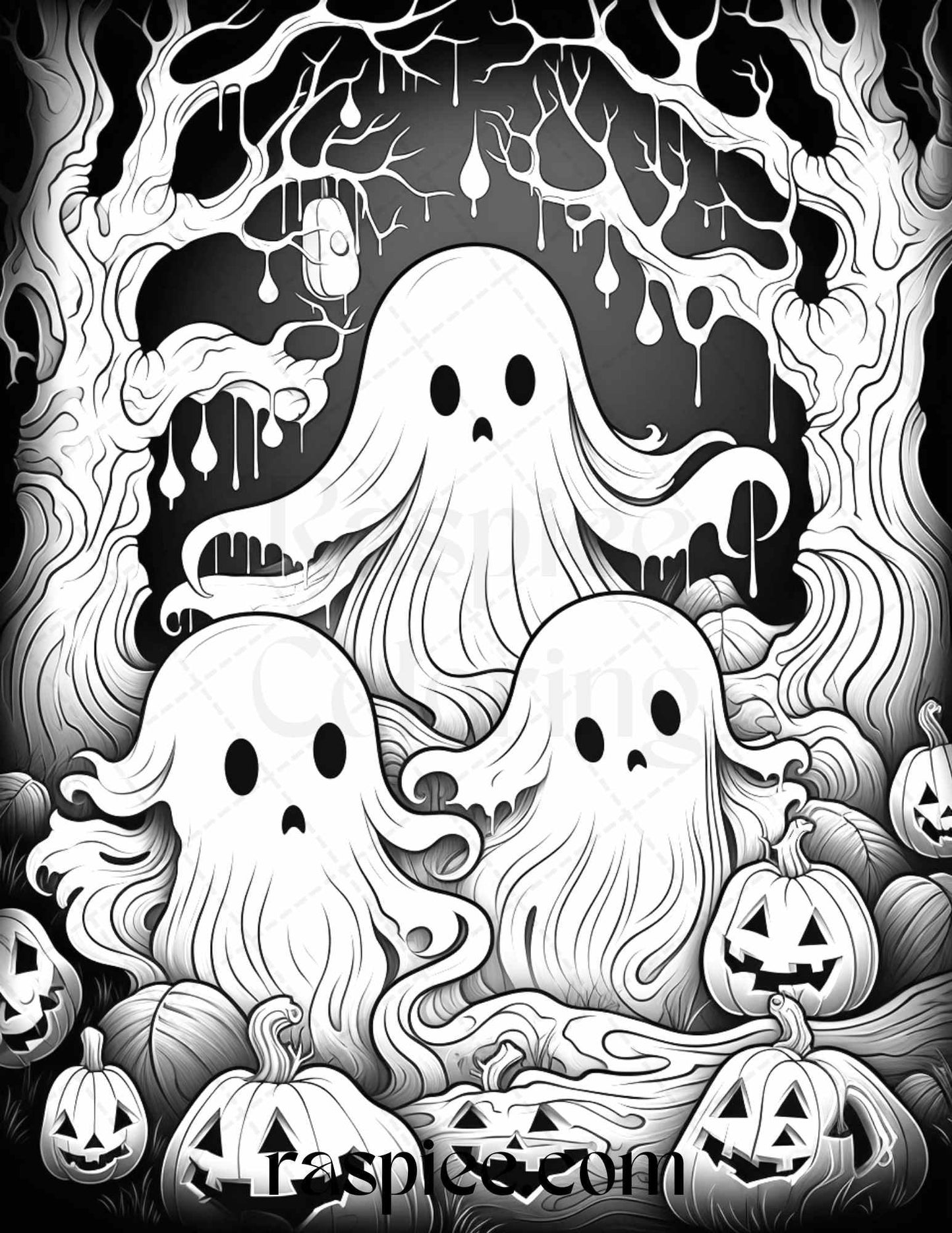 50 Halloween Cute Ghosts Grayscale Coloring Printable for Adults Kids, PDF File Instant Download