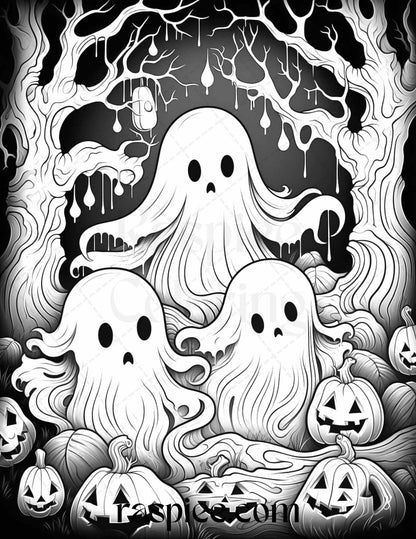 50 Halloween Cute Ghosts Grayscale Coloring Printable for Adults Kids, PDF File Instant Download
