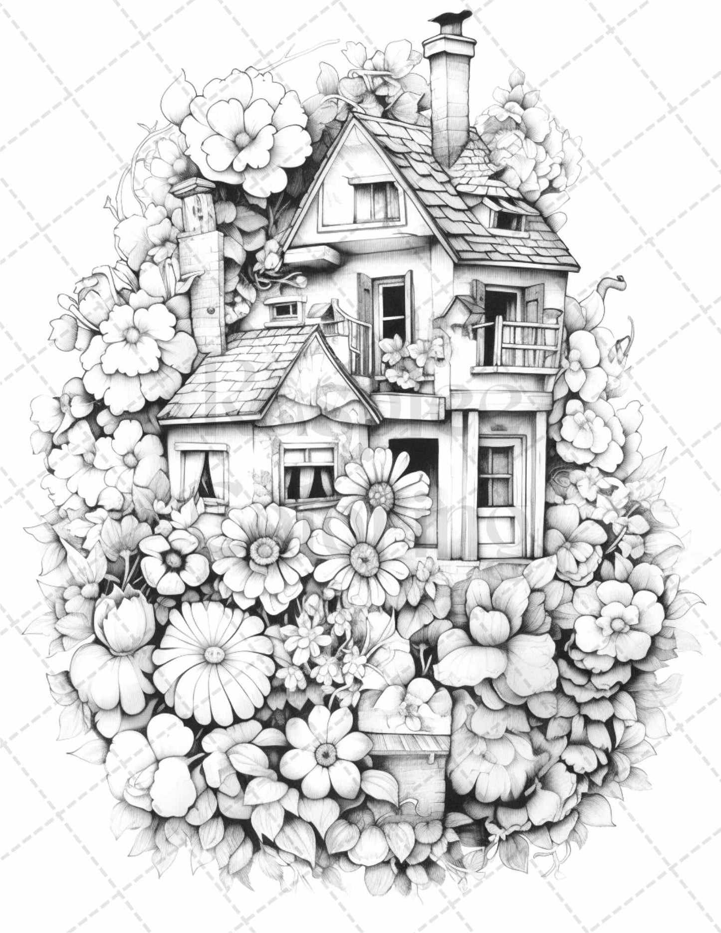 60 Flower Houses Grayscale Coloring Pages Printable for Adults, PDF File Instant Download