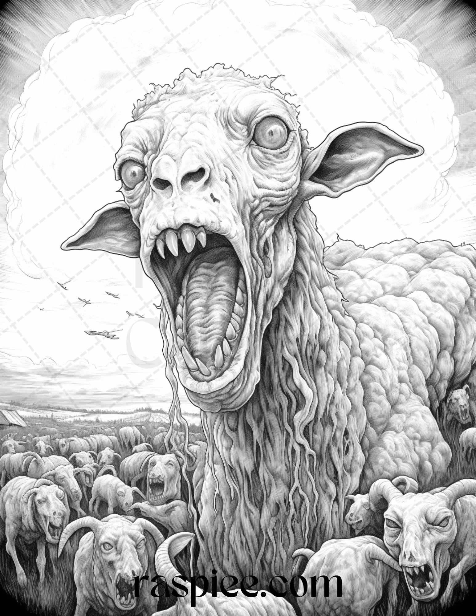 66 Horror Zombie Animals Grayscale Coloring Pages Printable for Adults, PDF File Instant Download