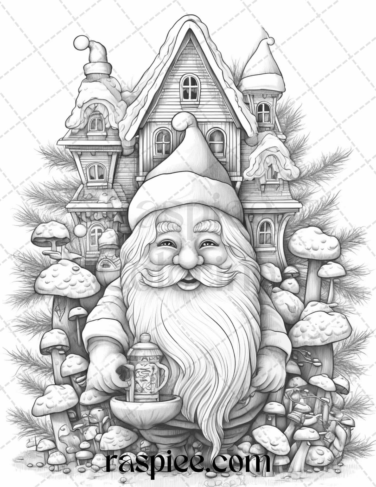 60 Christmas Gnomes Grayscale Coloring Pages Printable for Adults and Kids, PDF File Instant Download