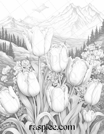 60 Mountain Flower Landscapes Grayscale Coloring Pages Printable for Adults, PDF File Instant Download