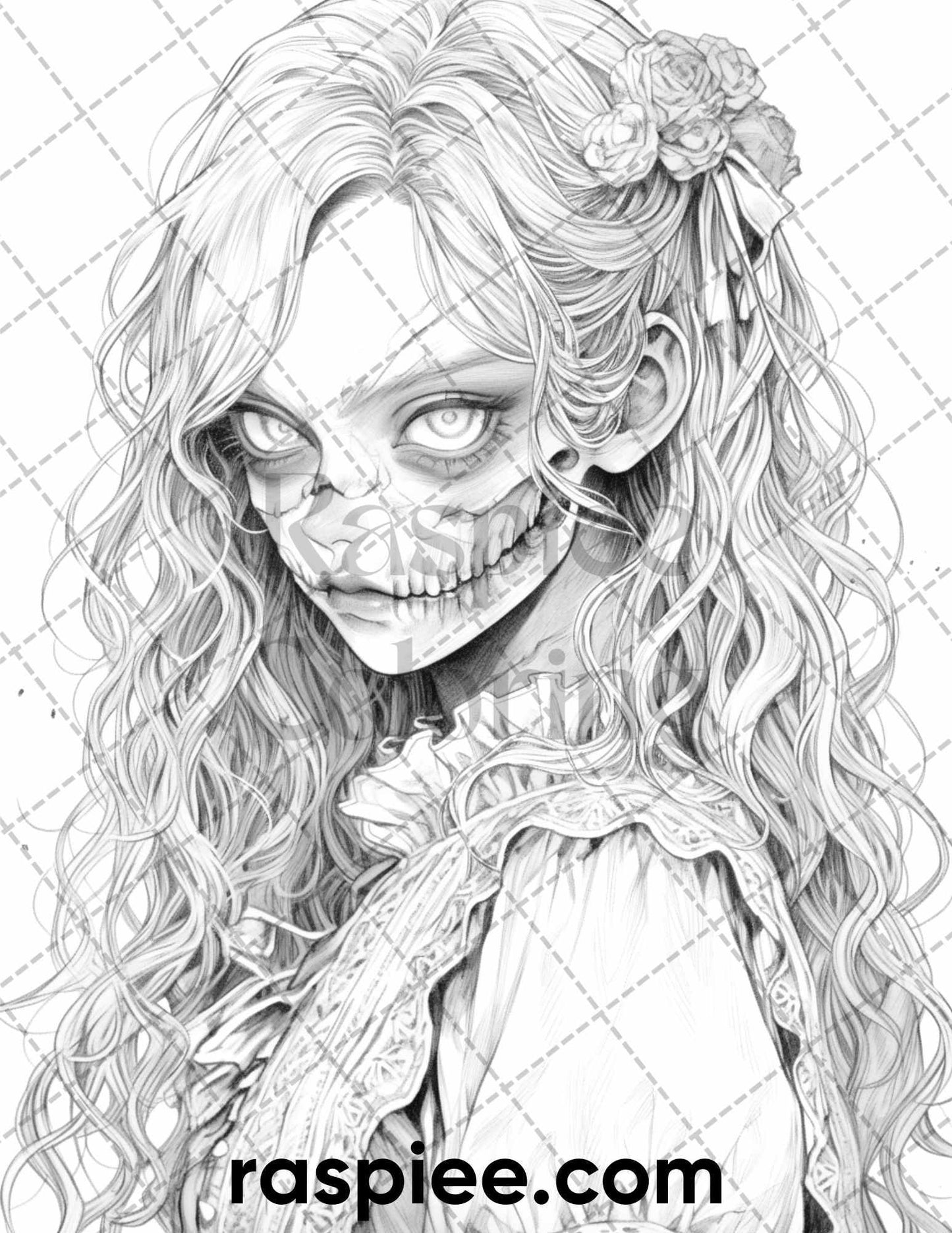 60 Horror Beauties Grayscale Coloring Pages Printable for Adults, PDF File Instant Download