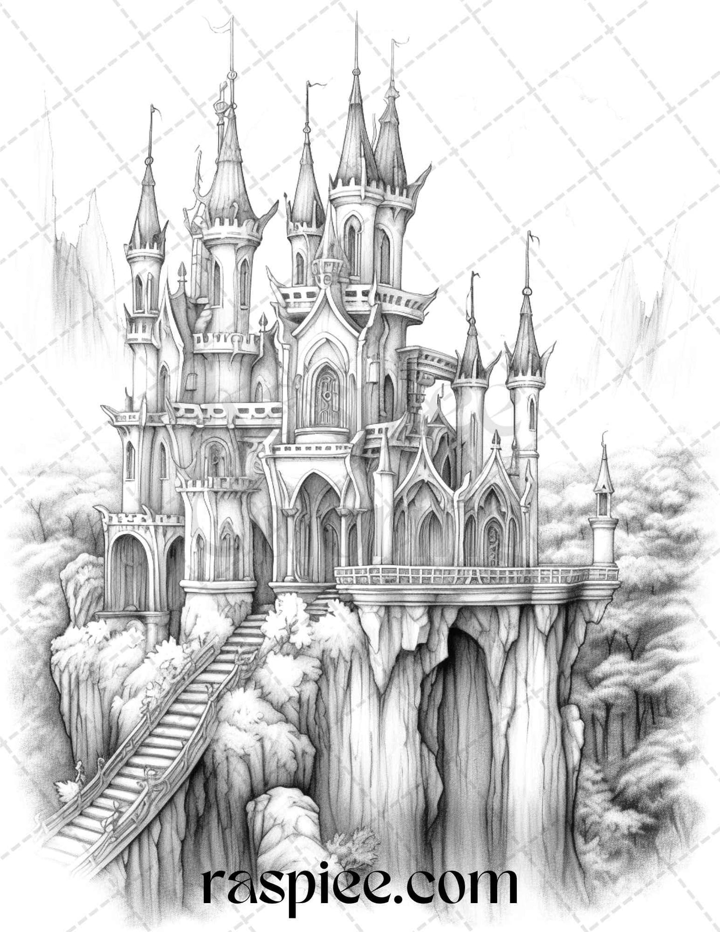 50 Haunted Castles Grayscale Coloring Pages Printable, Halloween Coloring Book, PDF File Instant Download
