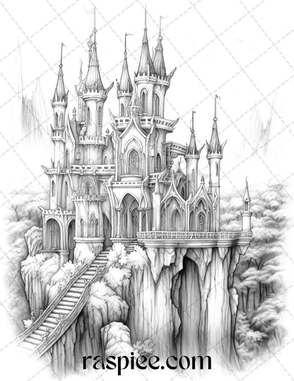 50 Haunted Castles Grayscale Coloring Pages Printable, Halloween Coloring Book, PDF File Instant Download