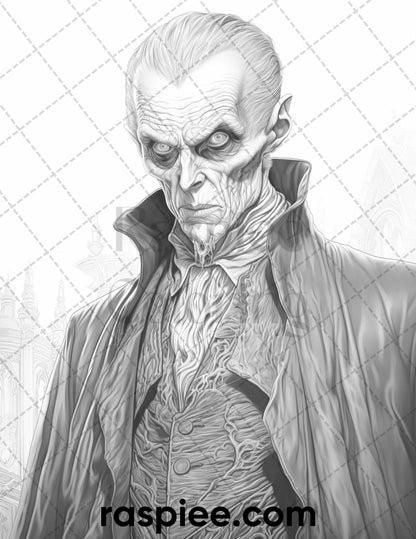 50 Count Dracula Grayscale Coloring Pages Printable for Adults, PDF File Instant Download