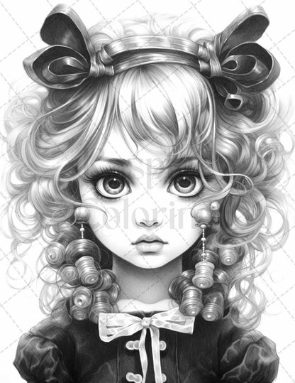 60 Adorable Gothic Girls Grayscale Coloring Pages Printable for Adults, PDF File Instant Download