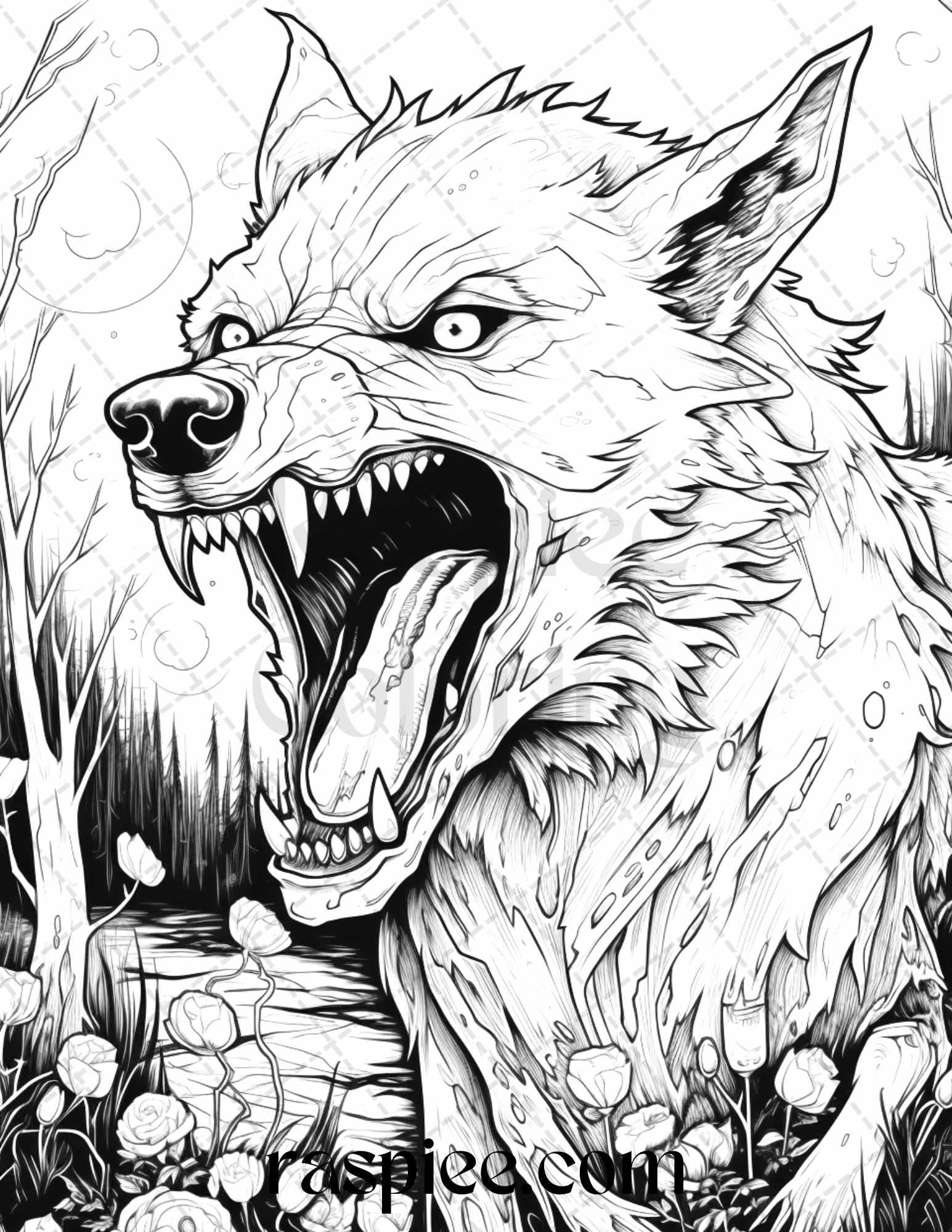 50 Halloween Scary Animals Grayscale Coloring Pages Printable for Adults, PDF File Instant Download
