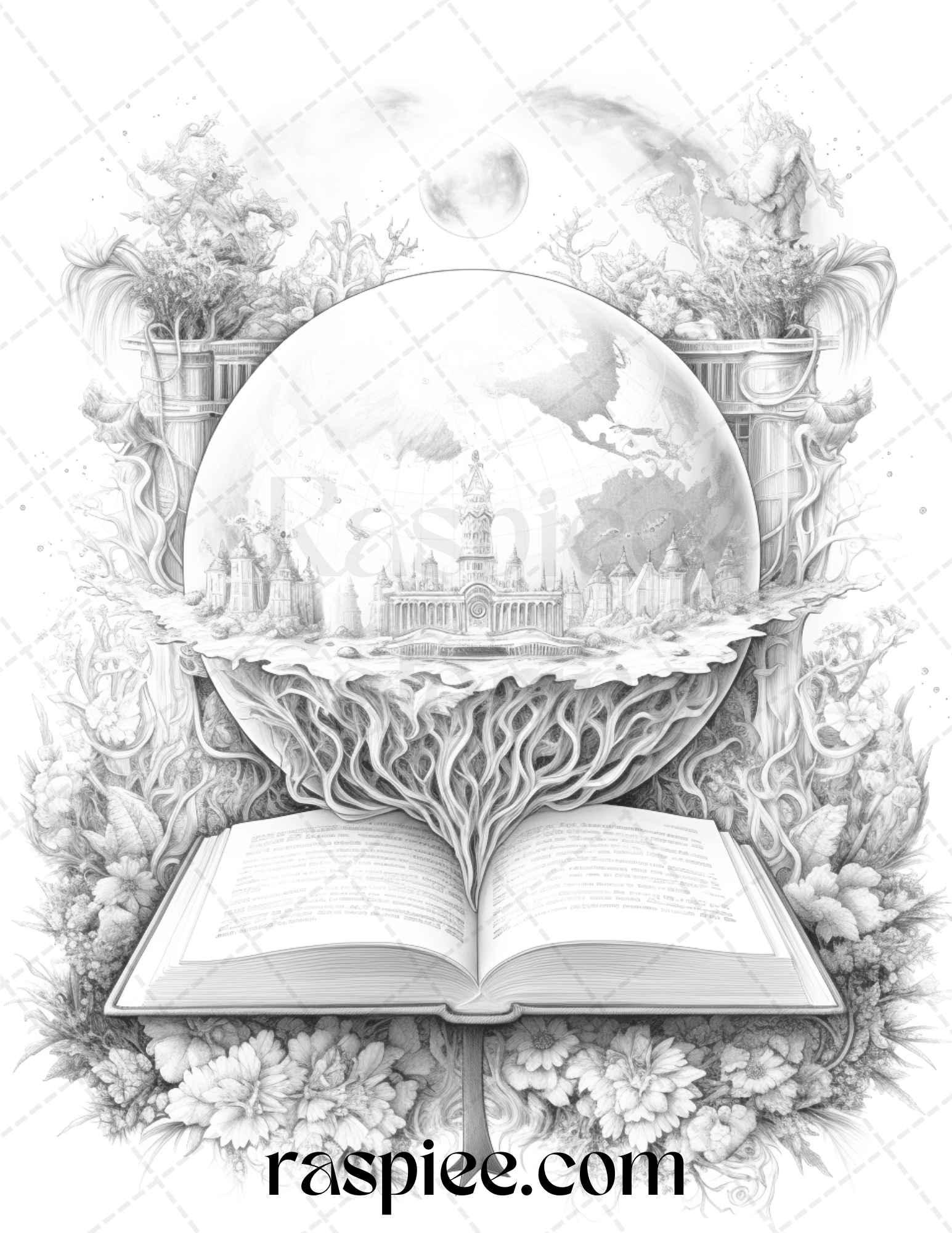 50 Magical Books Grayscale Coloring Pages Printable for Adults, PDF File Instant Download
