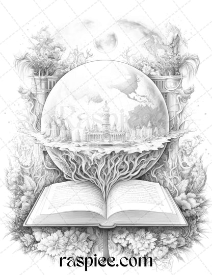 50 Magical Books Grayscale Coloring Pages Printable for Adults, PDF File Instant Download