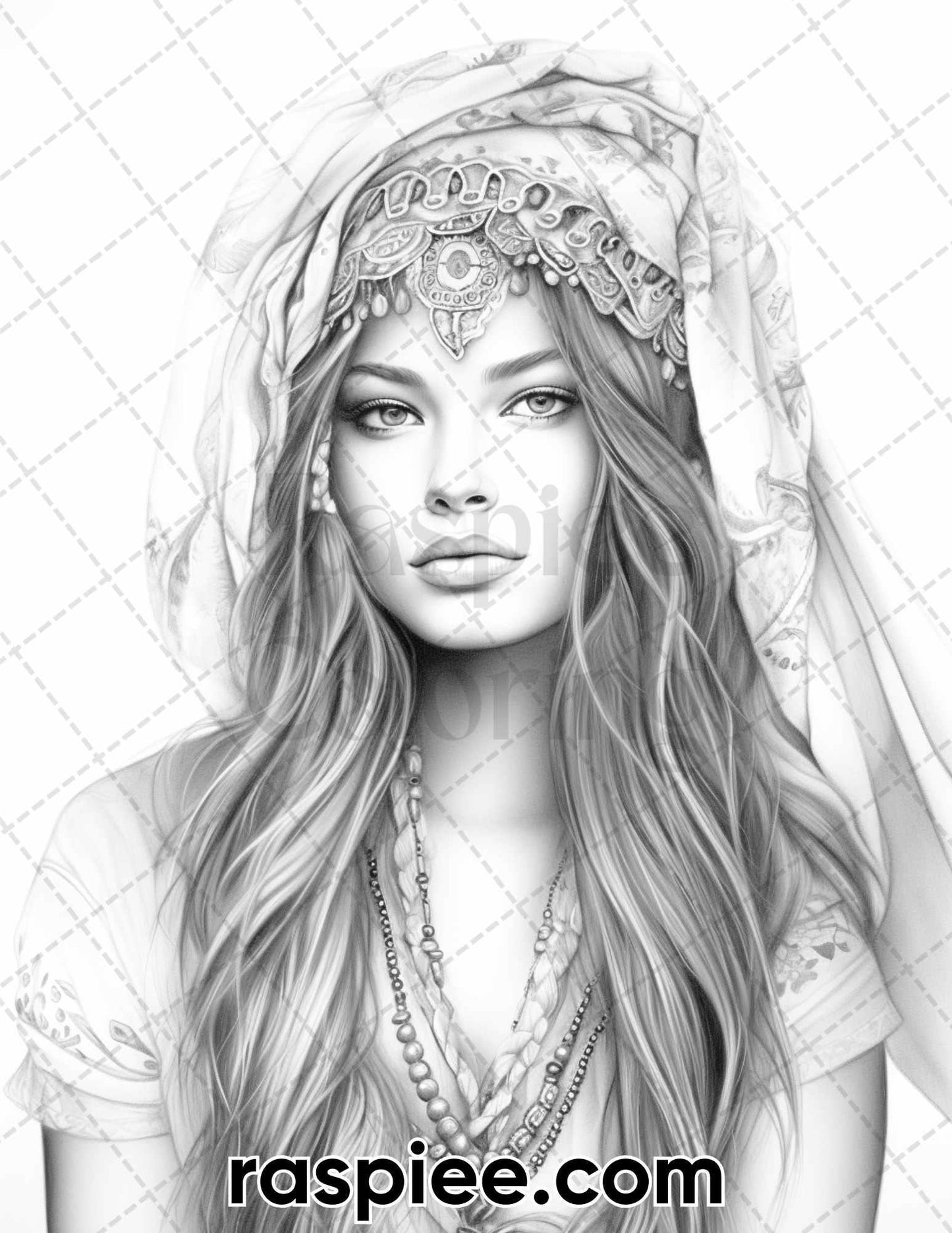 60 Bohemian Beauties Grayscale Coloring Pages for Adults, Printable PDF Instant Download
