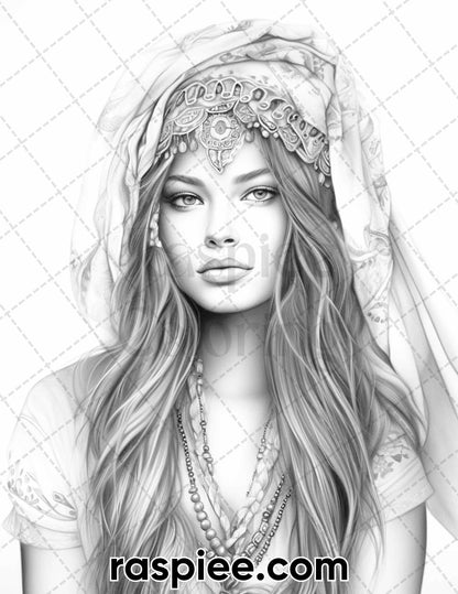 60 Bohemian Beauties Grayscale Coloring Pages for Adults, Printable PDF Instant Download