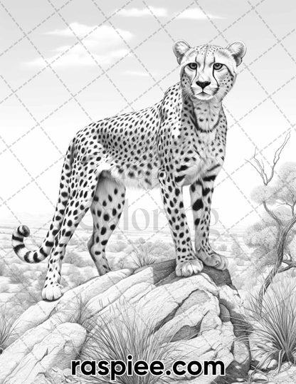 55 Wild Animals Grayscale Coloring Pages for Adults, Printable PDF Instant Download