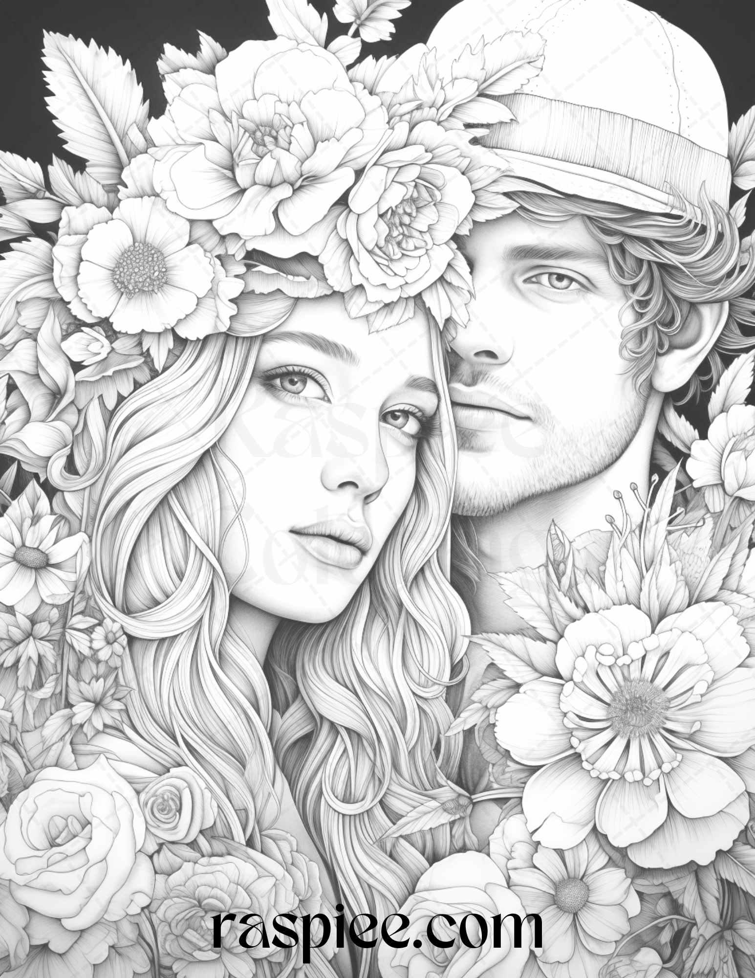 50 Romantic Couple Flowers Grayscale Coloring Pages Printable for Adults, PDF File Instant Download