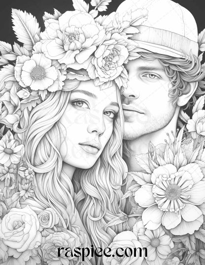 50 Romantic Couple Flowers Grayscale Coloring Pages Printable for Adults, PDF File Instant Download