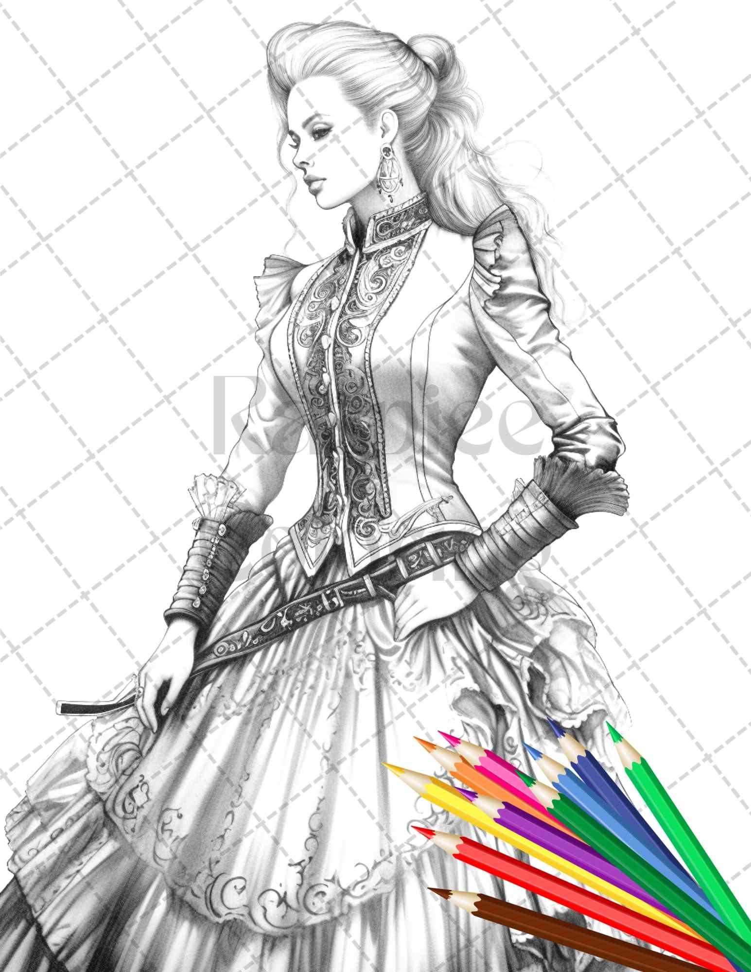 50 Victorian Fashion Grayscale Coloring Pages Printable for Adults, PDF File Instant Download