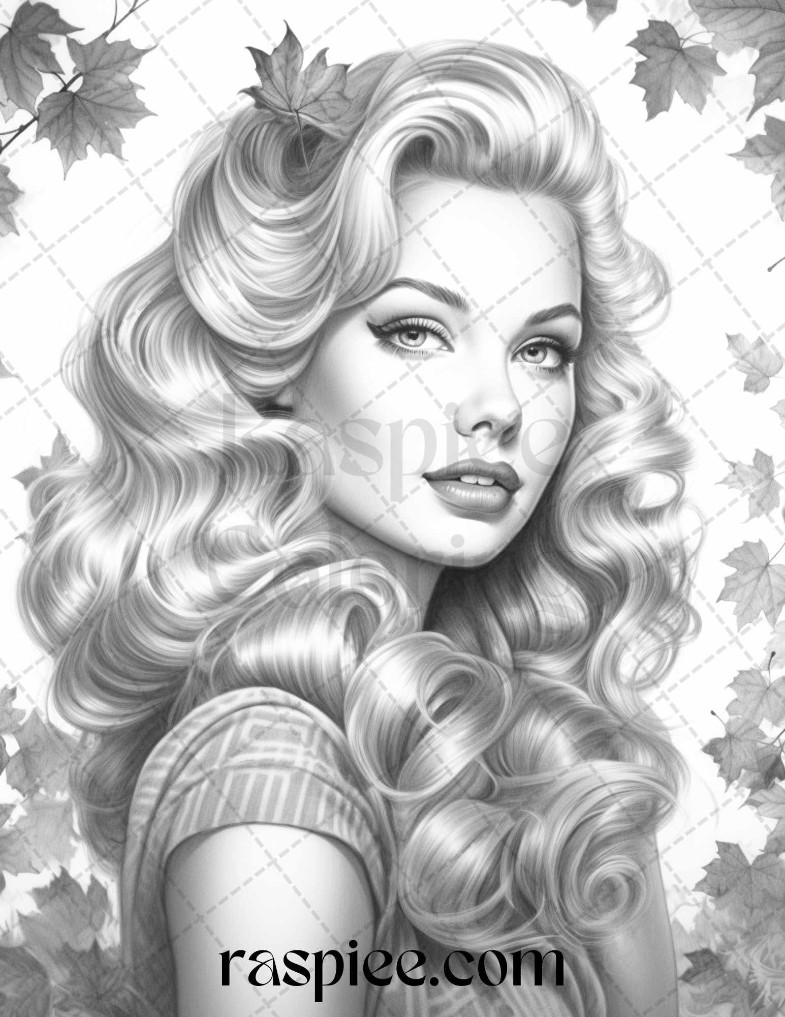 55 Autumn Pin Up Girls Grayscale Coloring Pages Printable for Adults, PDF File Instant Download