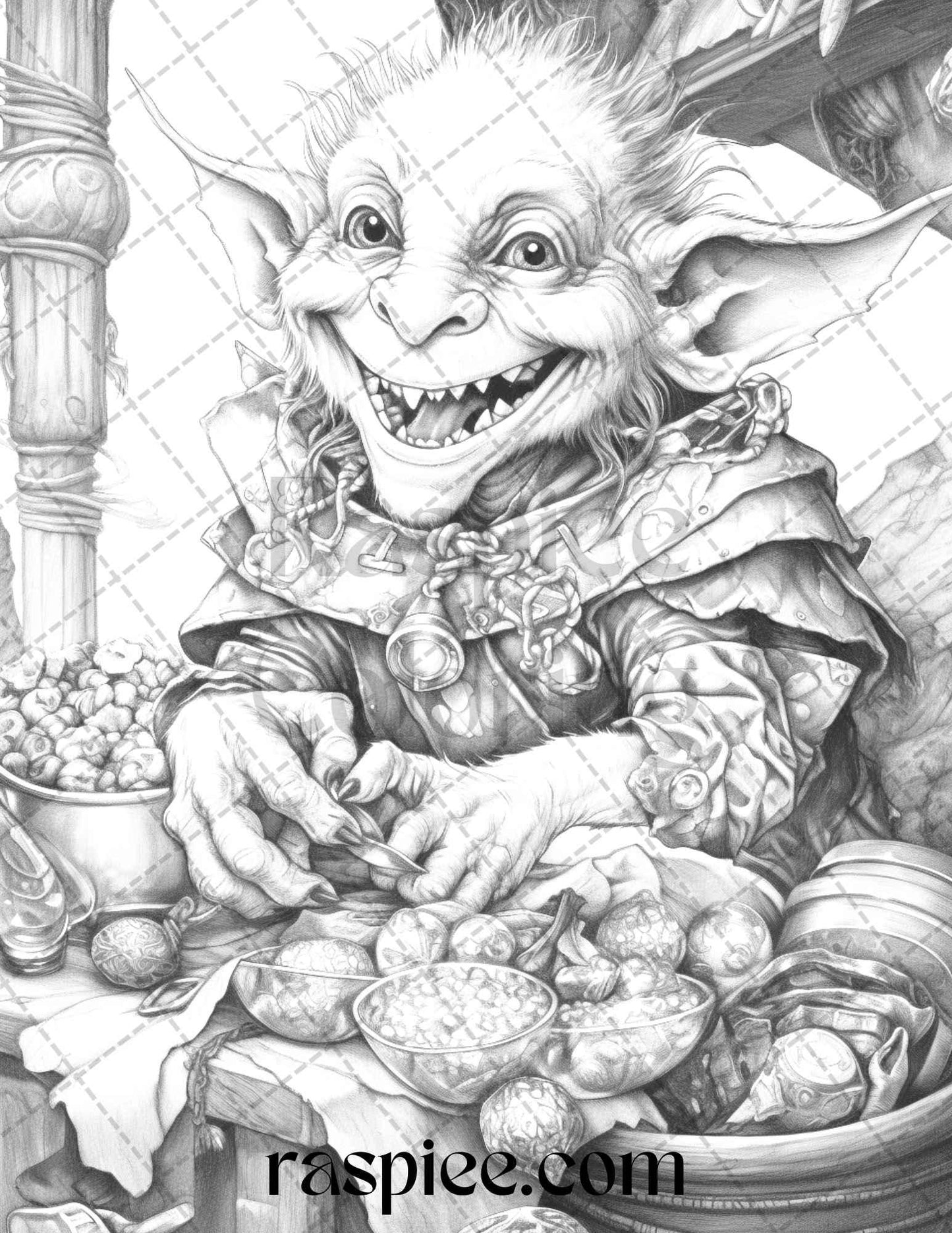 Fantasy Goblins Grayscale Coloring Pages Printable for Adults, PDF File Instant Download