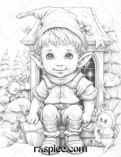 110 Christmas Elves Grayscale Coloring Pages Printable for Adults Kids, PDF File Instant Download