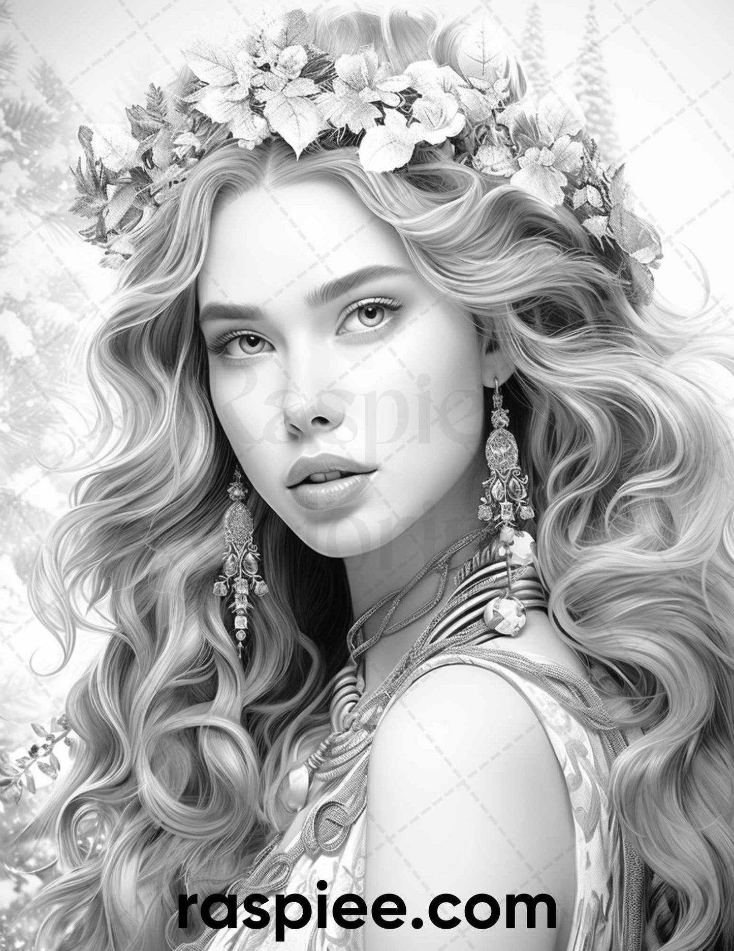 50 Winter Queens Portrait Grayscale Coloring Pages Printable for Adults, PDF File Instant Download