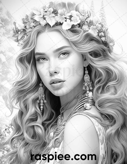 50 Winter Queens Portrait Grayscale Coloring Pages Printable for Adults, PDF File Instant Download