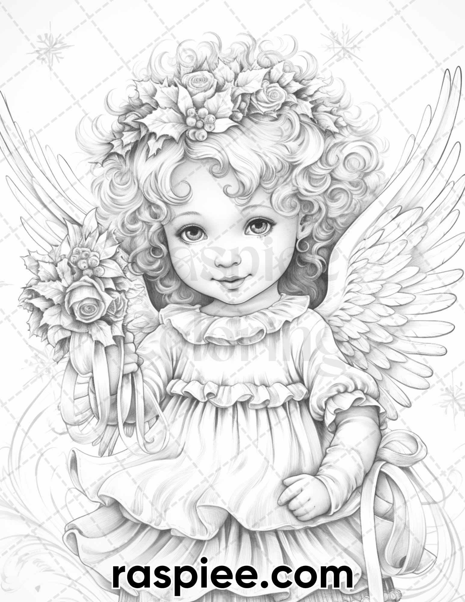 55 Christmas Angel Grayscale Coloring Pages for Adults, Printable PDF Instant Download