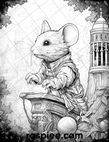 50 Enchanting Fairytale Mice Grayscale Coloring Pages Printable for Adults, PDF File Instant Download