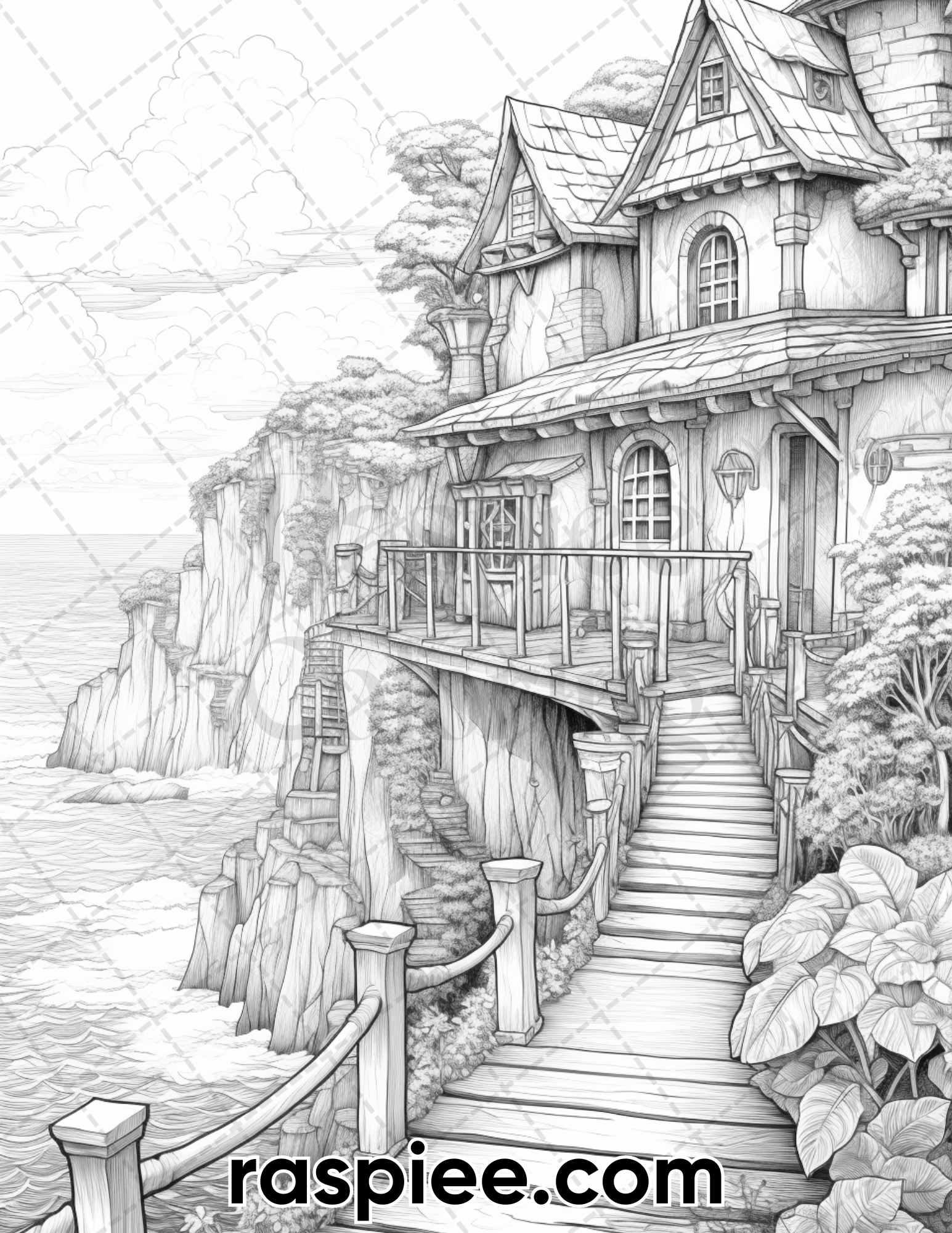 50 Fairy Beach Houses Grayscale Coloring Pages for Adults, Printable PDF Instant Download
