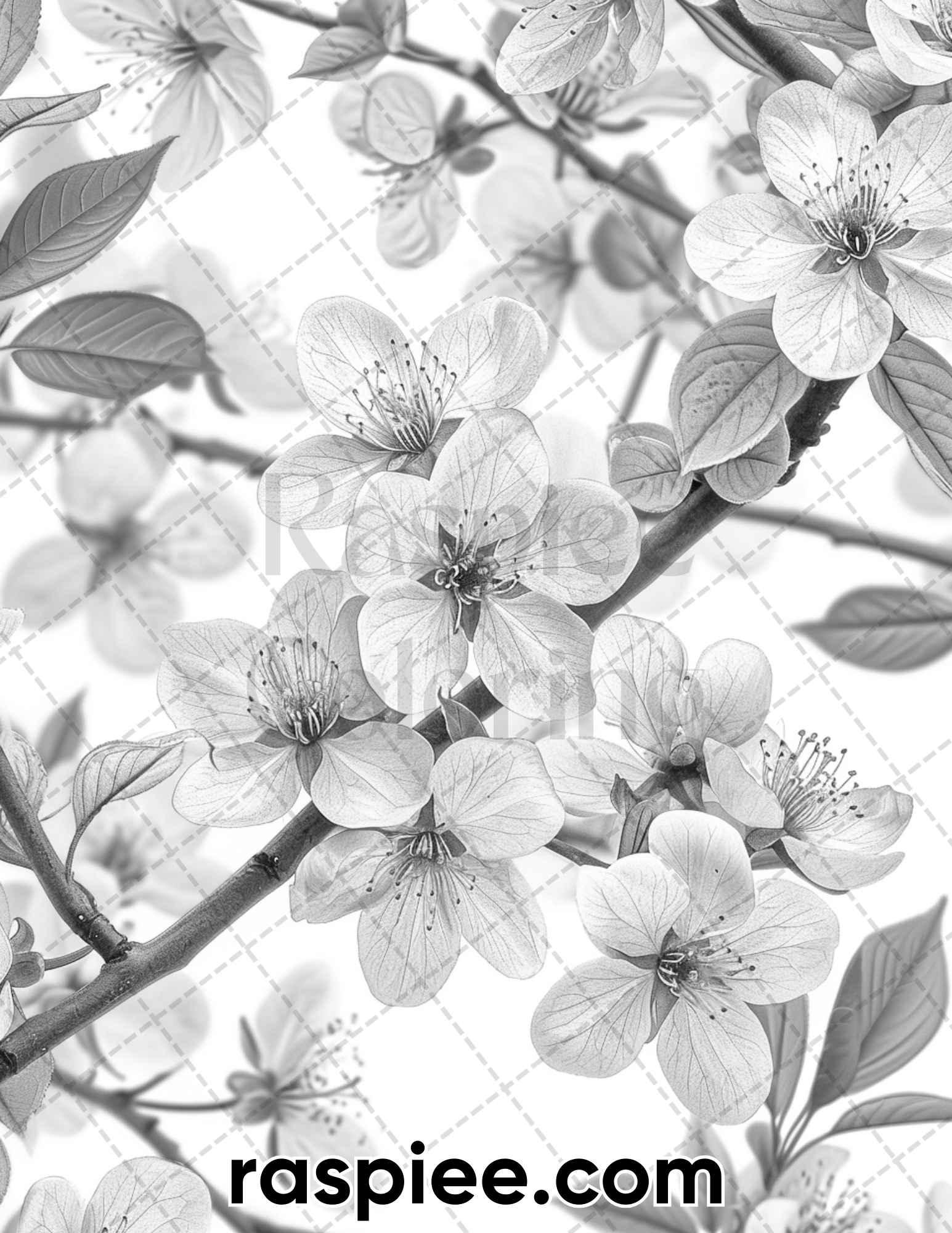 60 Spring Blossoms Grayscale Adult Coloring Pages, Printable PDF Instant Download