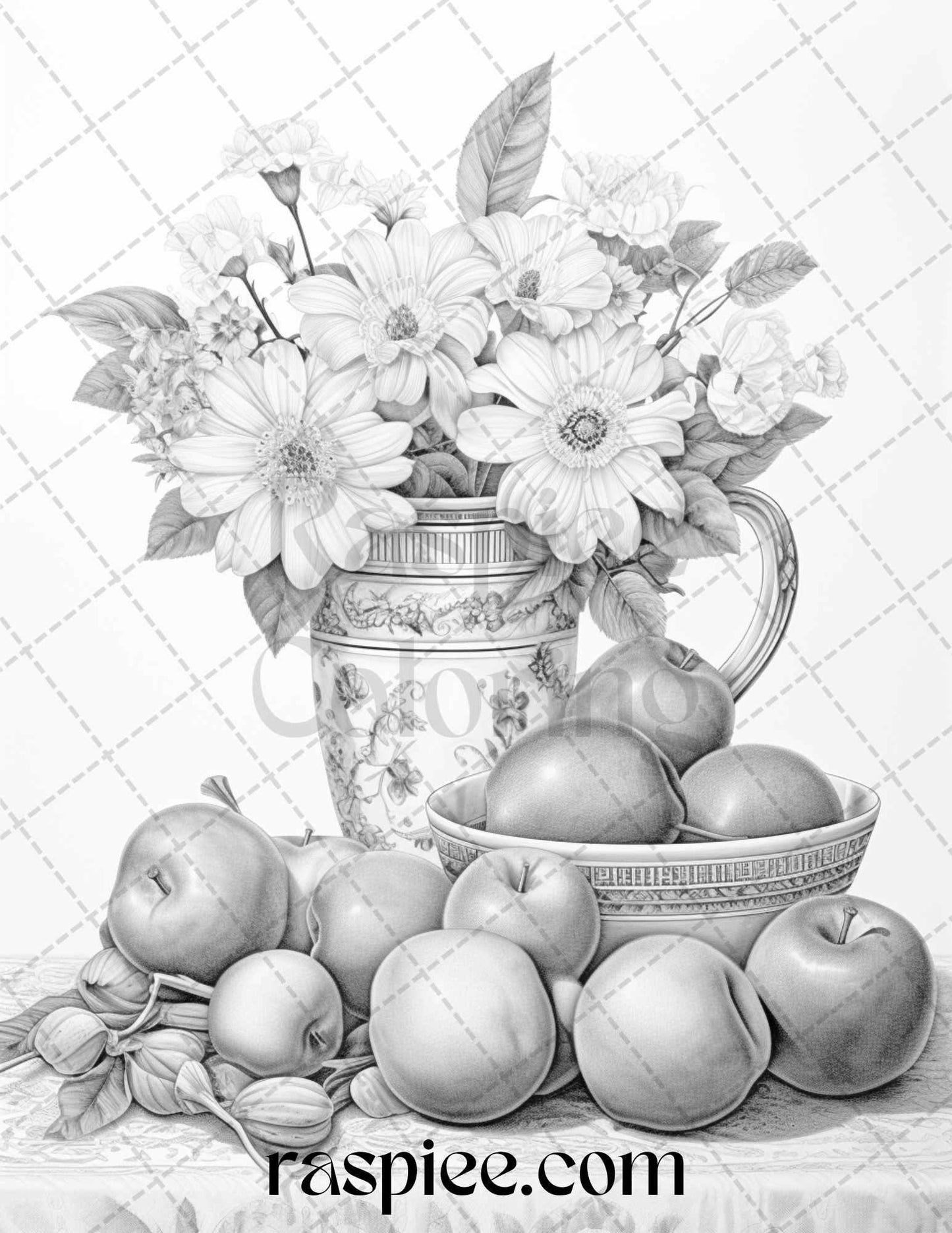 52 Still Life Grayscale Coloring Pages Printable for Adults, PDF File Instant Download