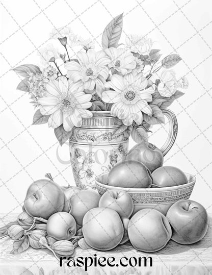 52 Still Life Grayscale Coloring Pages Printable for Adults, PDF File Instant Download
