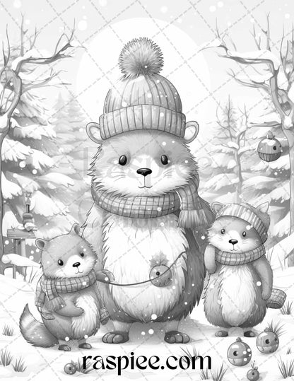 70 Christmas Critters Grayscale Coloring Pages Printable for Adults and Kids, PDF File Instant Download