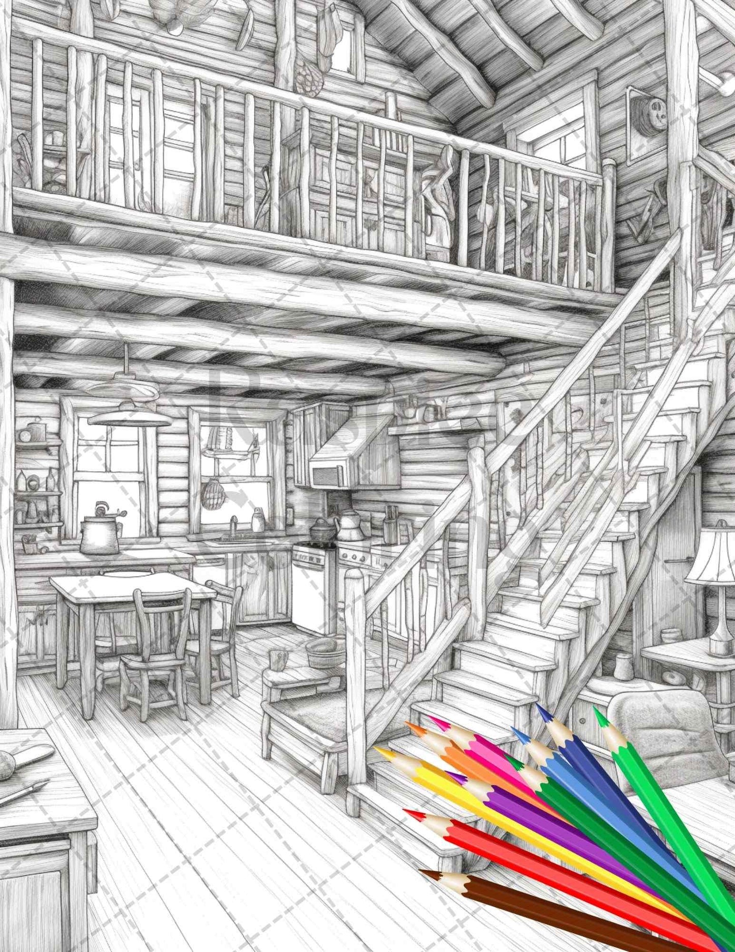 Cozy Cabin Interior Grayscale Coloring Pages Printable for Adults, PDF File Instant Download