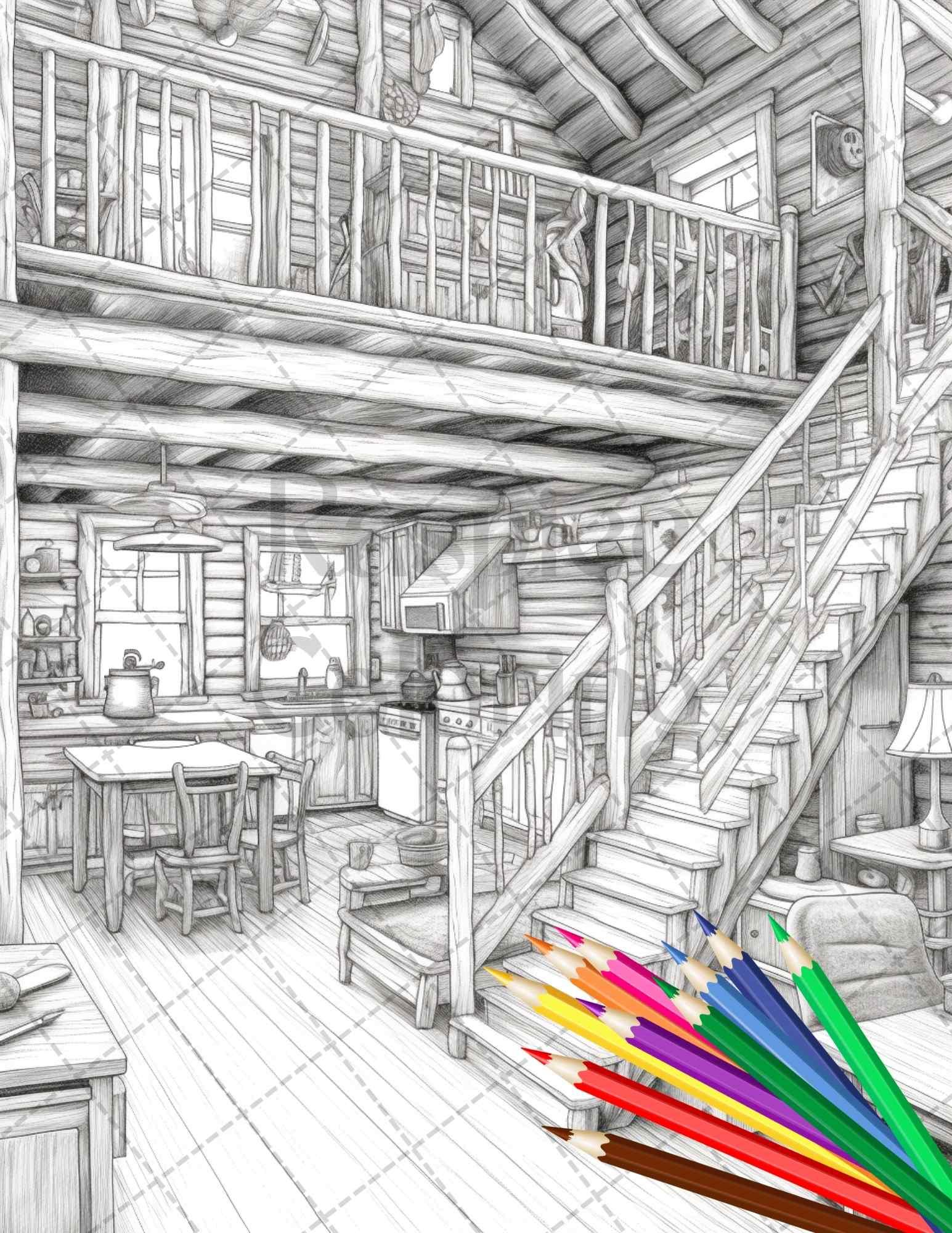 Cozy Cabin Interior Grayscale Coloring Pages Printable for Adults, PDF File Instant Download