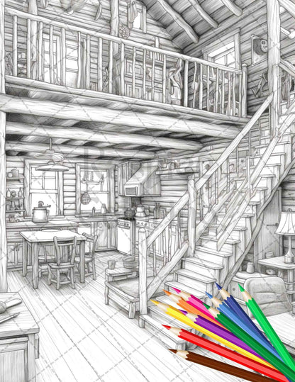 Cozy Cabin Interior Grayscale Coloring Pages Printable for Adults, PDF File Instant Download
