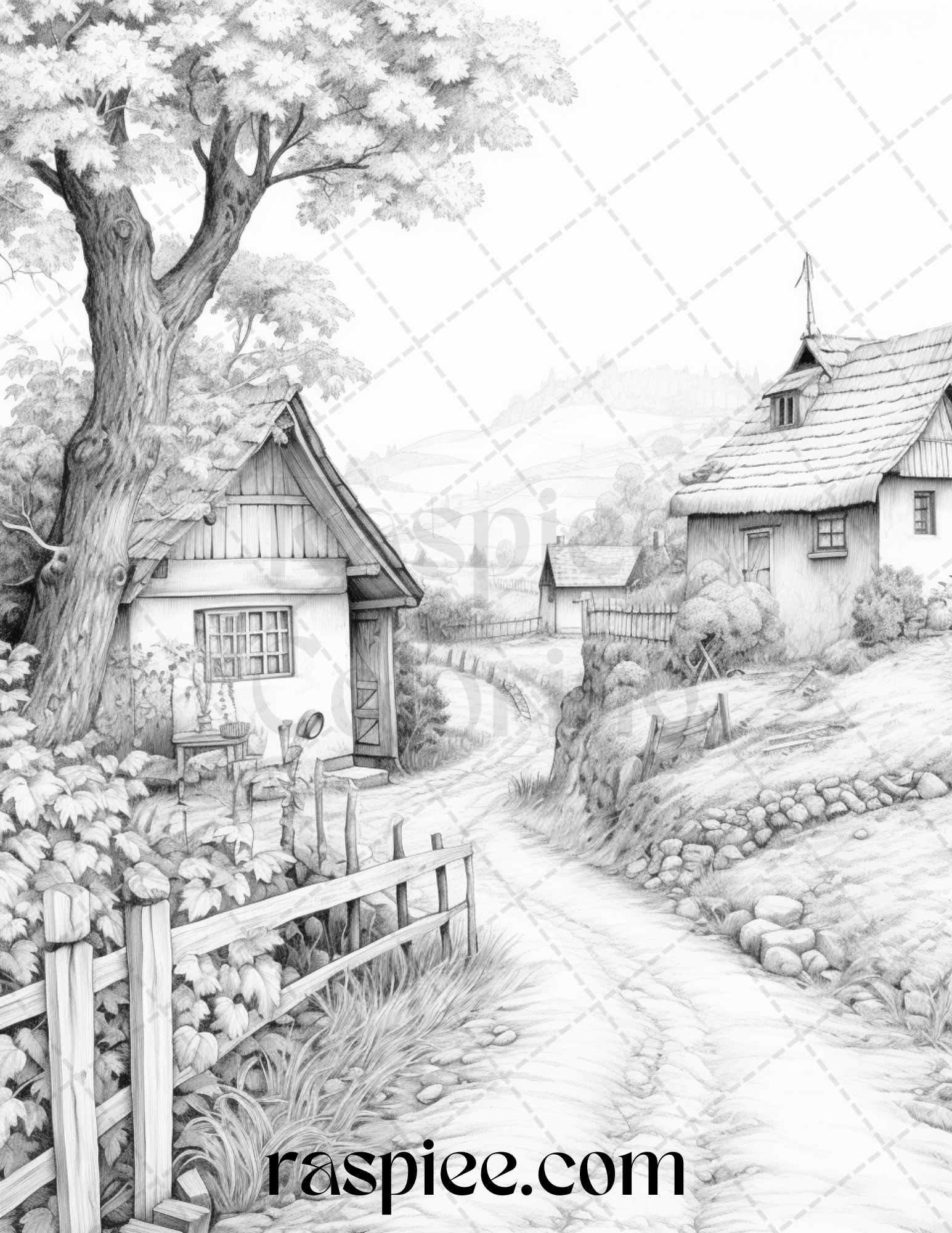 Autumn Scenery Grayscale Coloring Pages Printable for Adults, PDF File Instant Download
