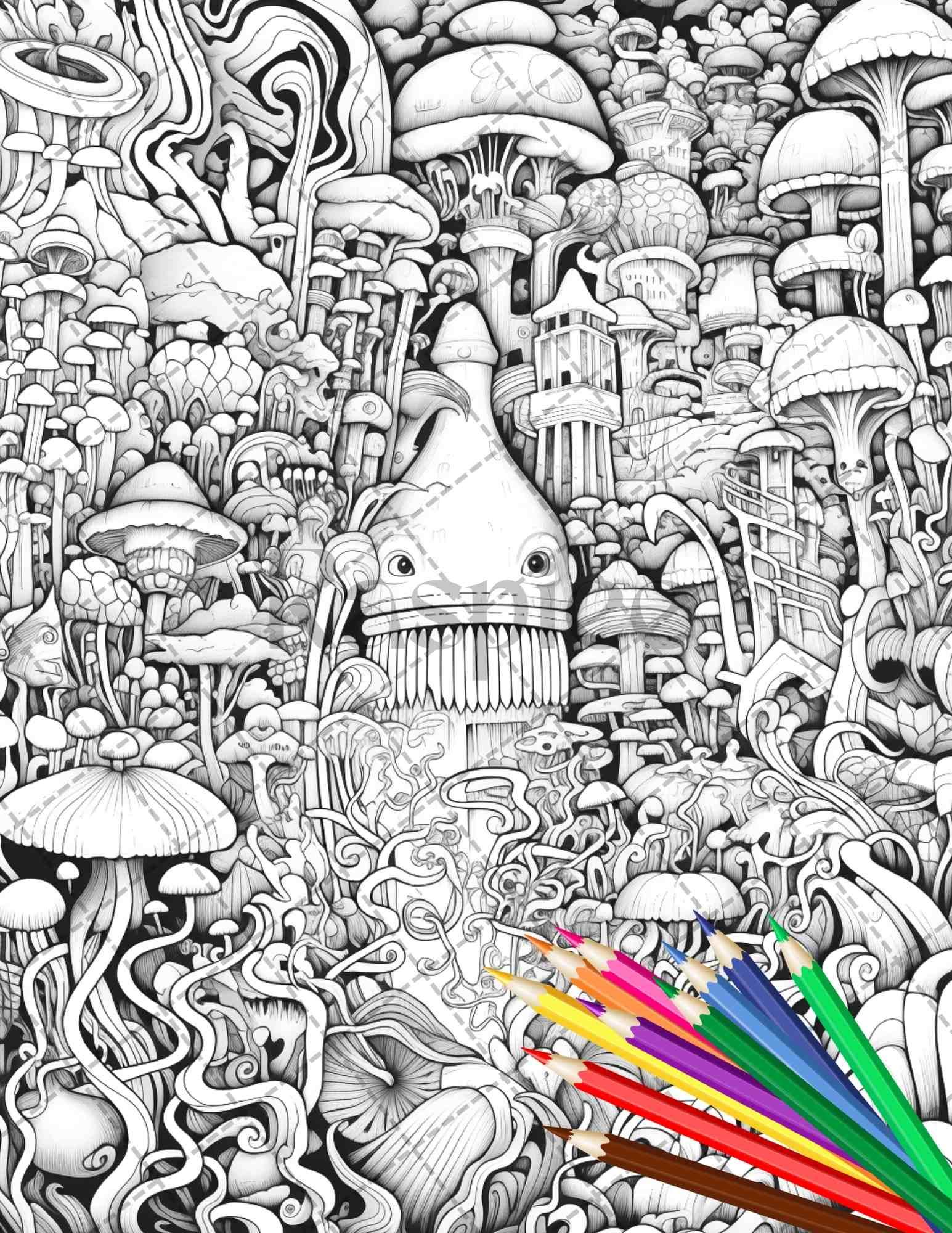 Psychedelic Trippy Coloring Book Printable for Adults, Grayscale Coloring Page, PDF File Instant Download