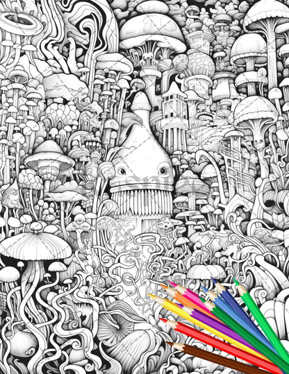 Psychedelic Trippy Coloring Book Printable for Adults, Grayscale Coloring Page, PDF File Instant Download