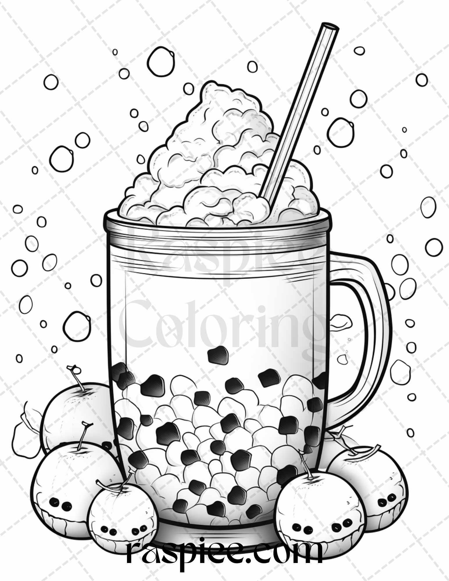 50 Cute Kawaii Boba Tea Grayscale Coloring Pages for Adults and Kids, Printable PDF File Instant Download